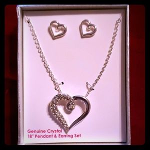 Silver tone & rhinestone heart necklace & earrings